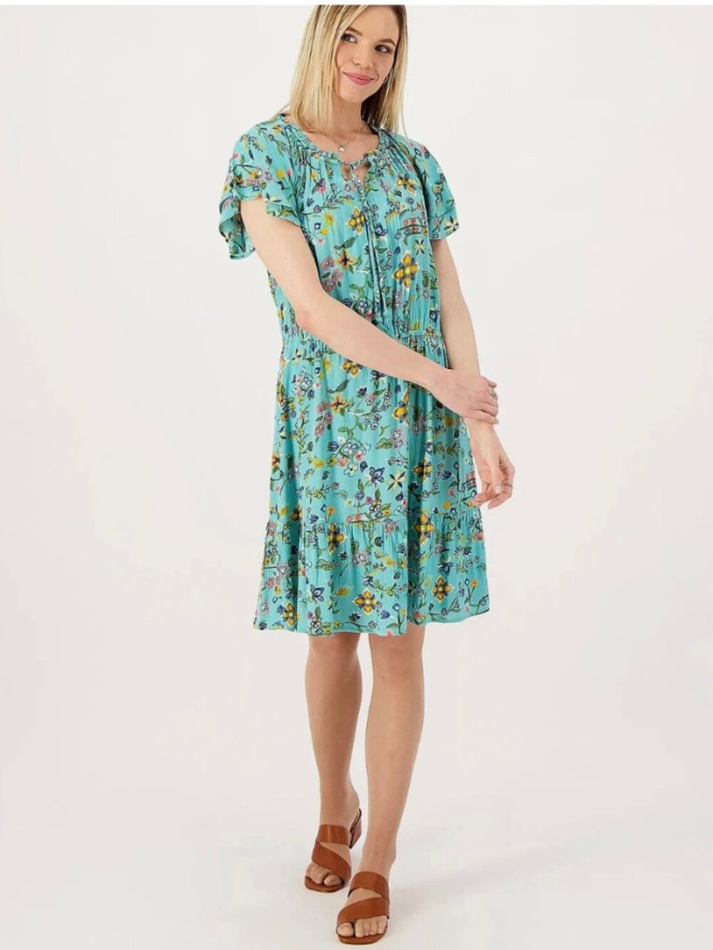 Denim & Co Canyon Retreat Turquoise Blue Floral Flutter Sleeve Casual Dress XXS